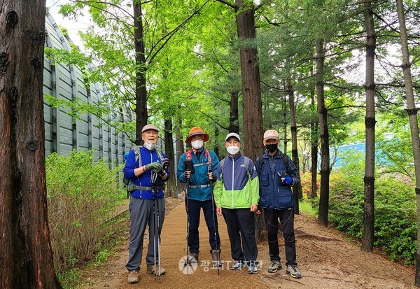 출발점 부터 5.7km떨어진 거여역 부근 메타세쿼이아 산책로에서 산행일원이 기념사진을 찍다.(좌: 윤근일 부단장, 이종화 단장, 염재준 단원, 이동희 팀장)