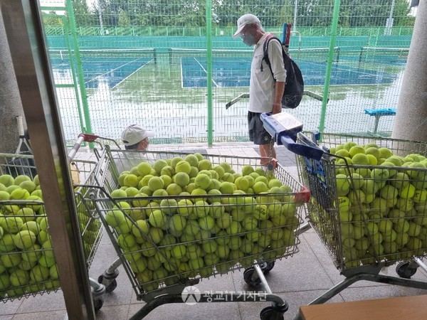 테니스장 실내 대기실엔 수많은 연습 공이 쉬고 있다.